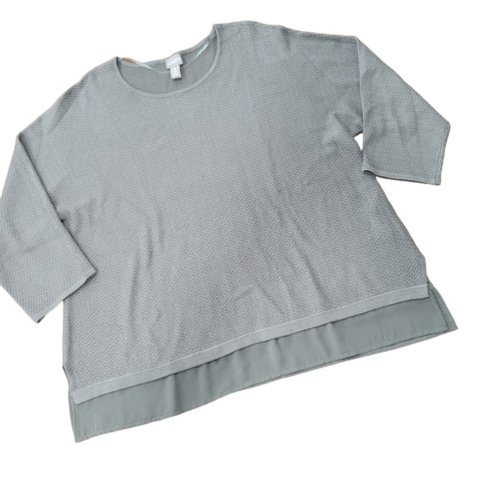 Chico's Pullover Woven Knit Lightweight 3/4 Sleeves Round Neckline Sheer trim.